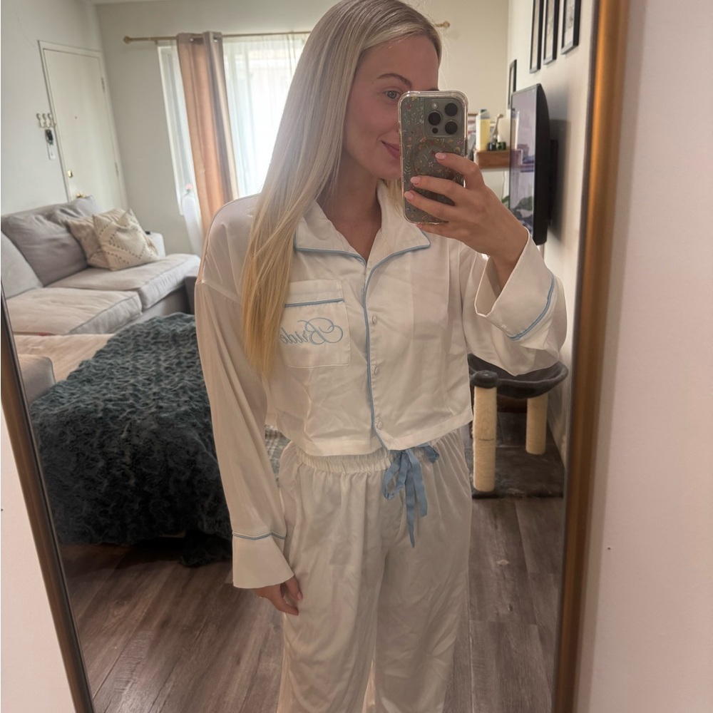 White Bridal Pajama Set with Blue Trim